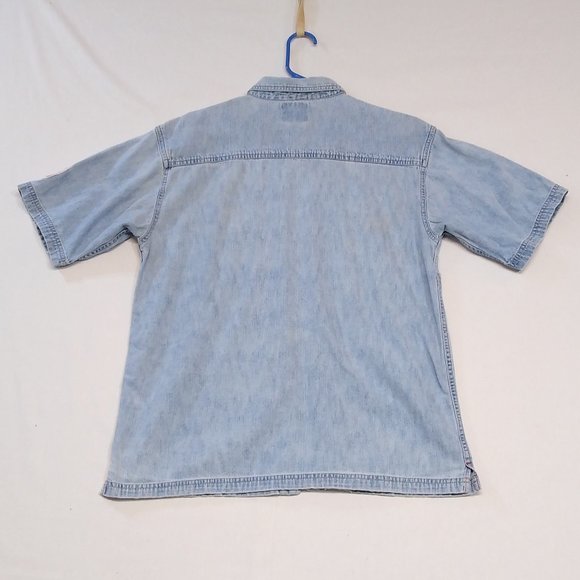 Bugle Boy Short Sleeve Premium Denim Medium Pearl Snap Shirt Blue Jean BB77 Patc - Picture 2 of 9
